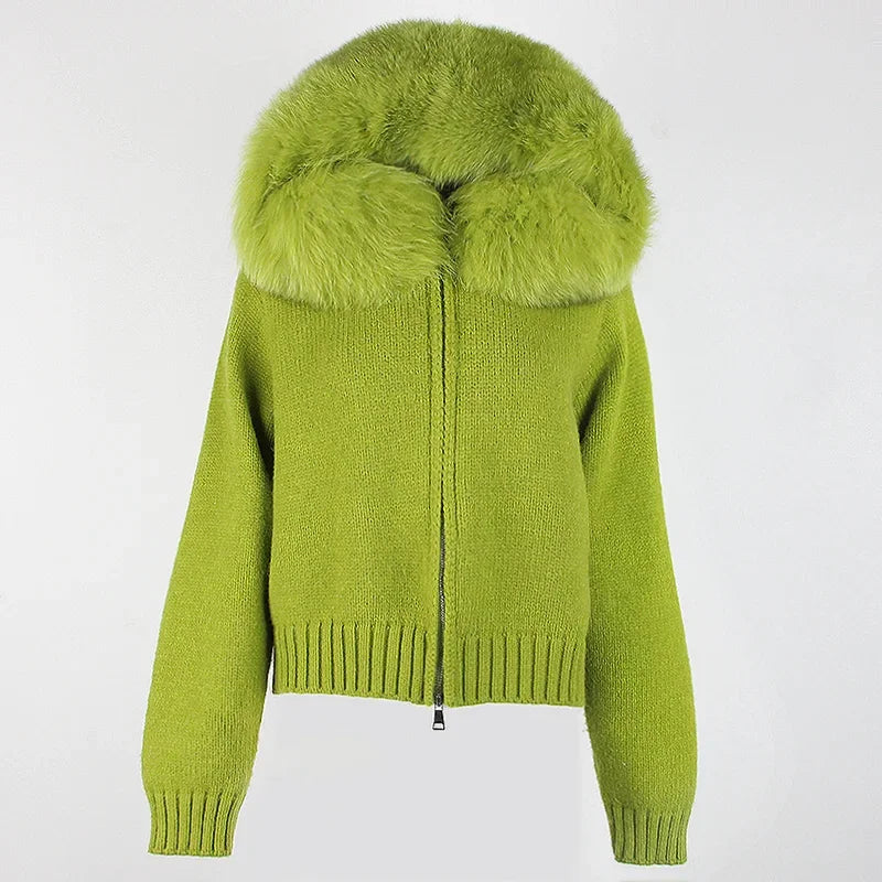 Women's Hooded Zip Front Fluffy Trim Jacket Casual Knit Layer