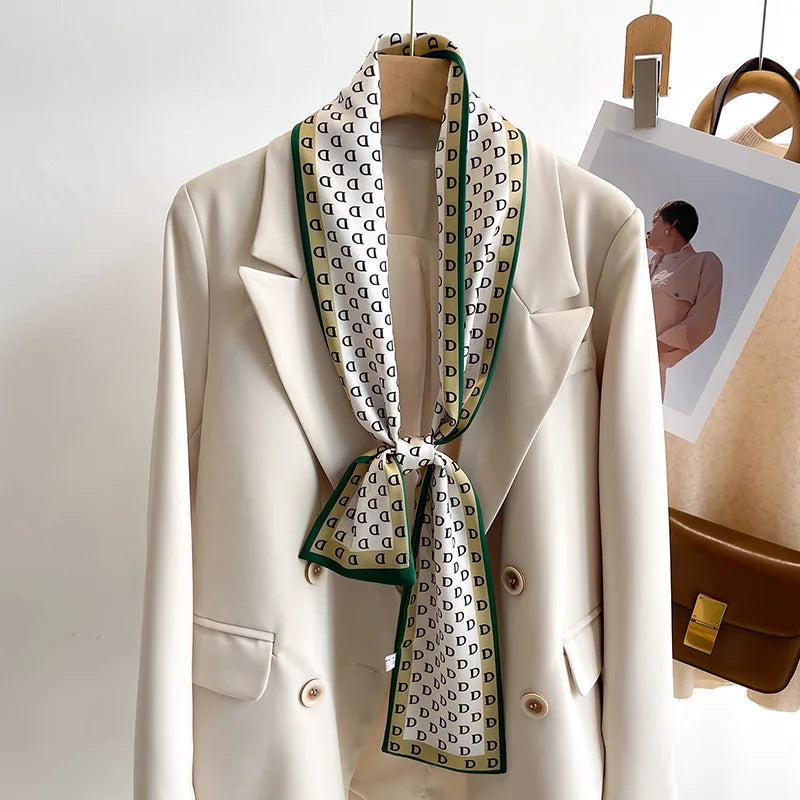 Printed Long Narrow Scarf with Decorative Ribbon Shape