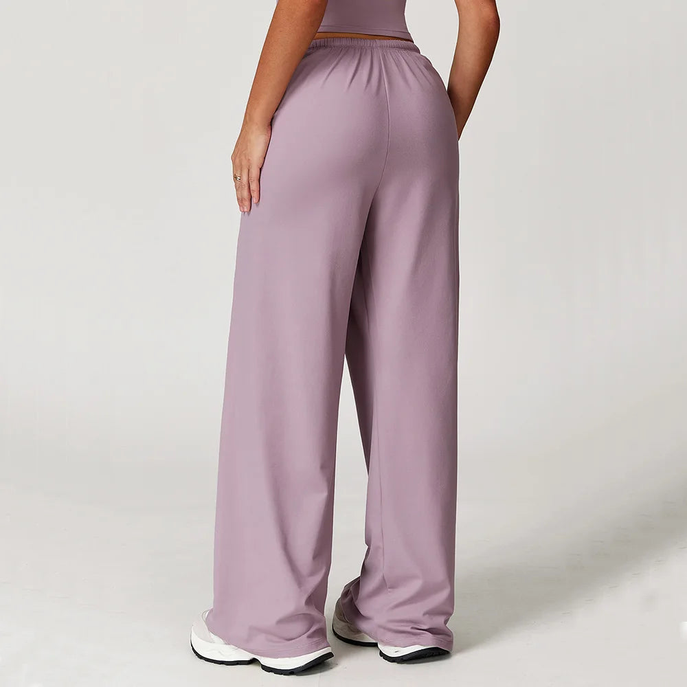 Women's Drawstring Waist Polyester Blend Wide Leg Pants with Side Pockets