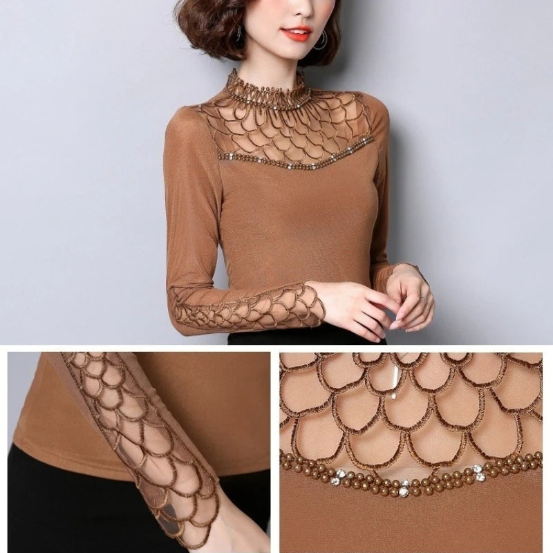 Women's Polyester Long-Sleeve High-Neck Lace Blouse with Geometric Detail for Dressy Outfits