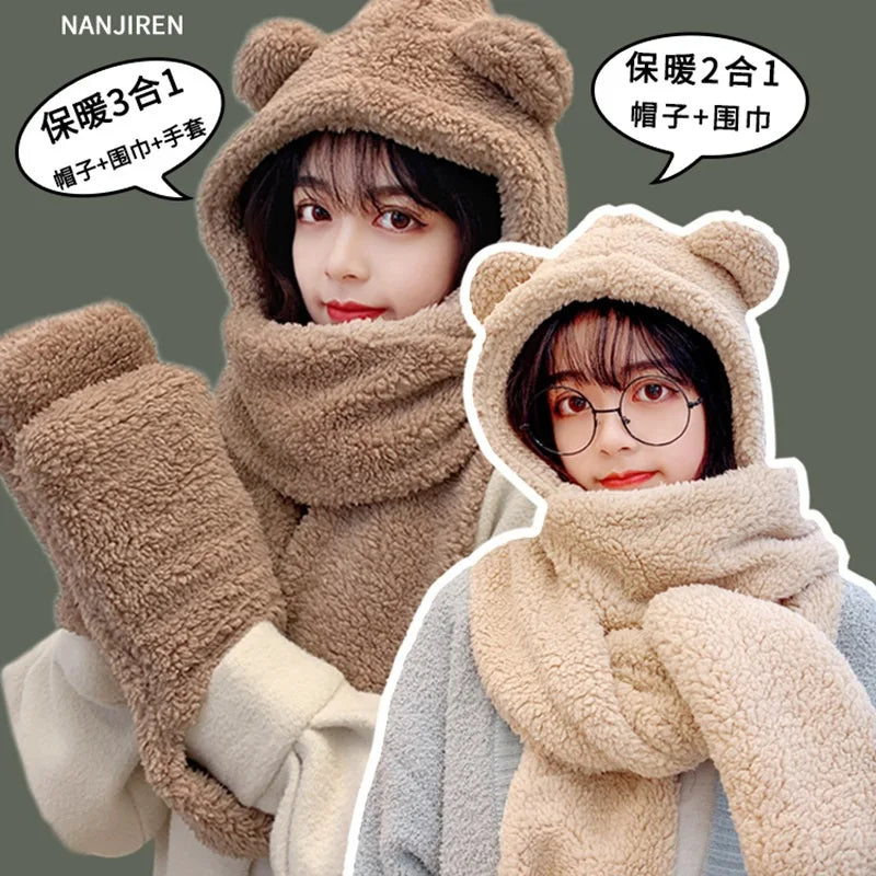 Teddy Bear Plush Hooded Hat Scarf and Gloves Integrated Winter Set