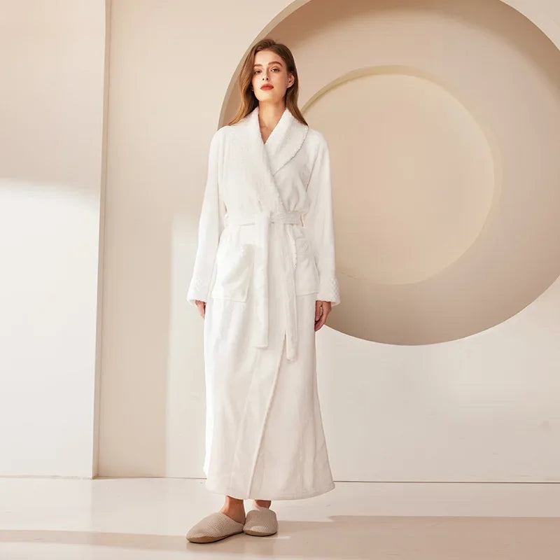 Long Flannel Fleece Tie Waist Bathrobe with Pockets