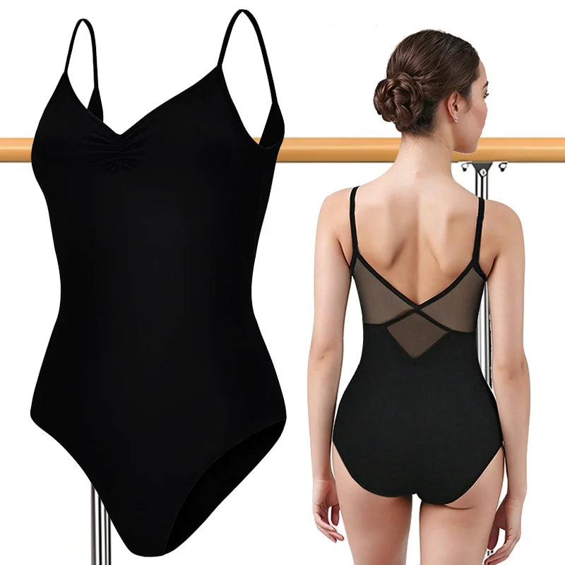 Women's V-Neck Camisole Ballet Leotard with Drawstring and Crossed Back