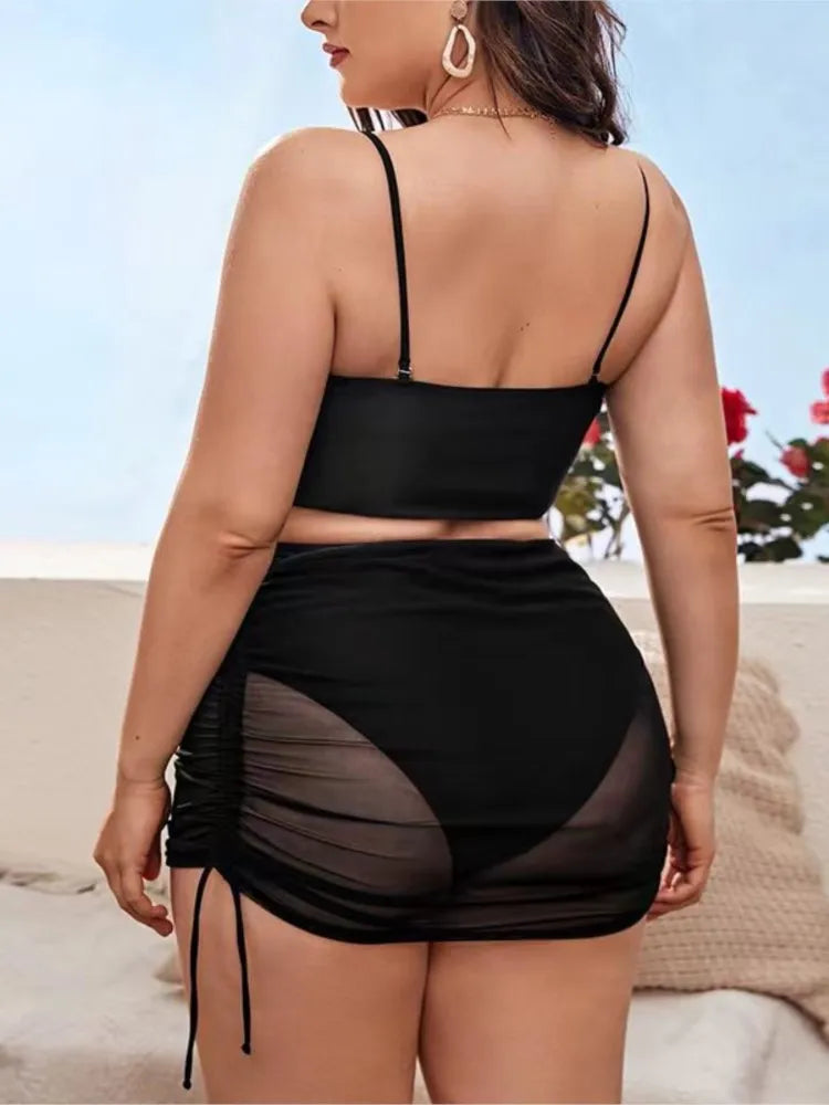Women's Strappy Bandeau Bikini Set with Ruched Mesh Shorts