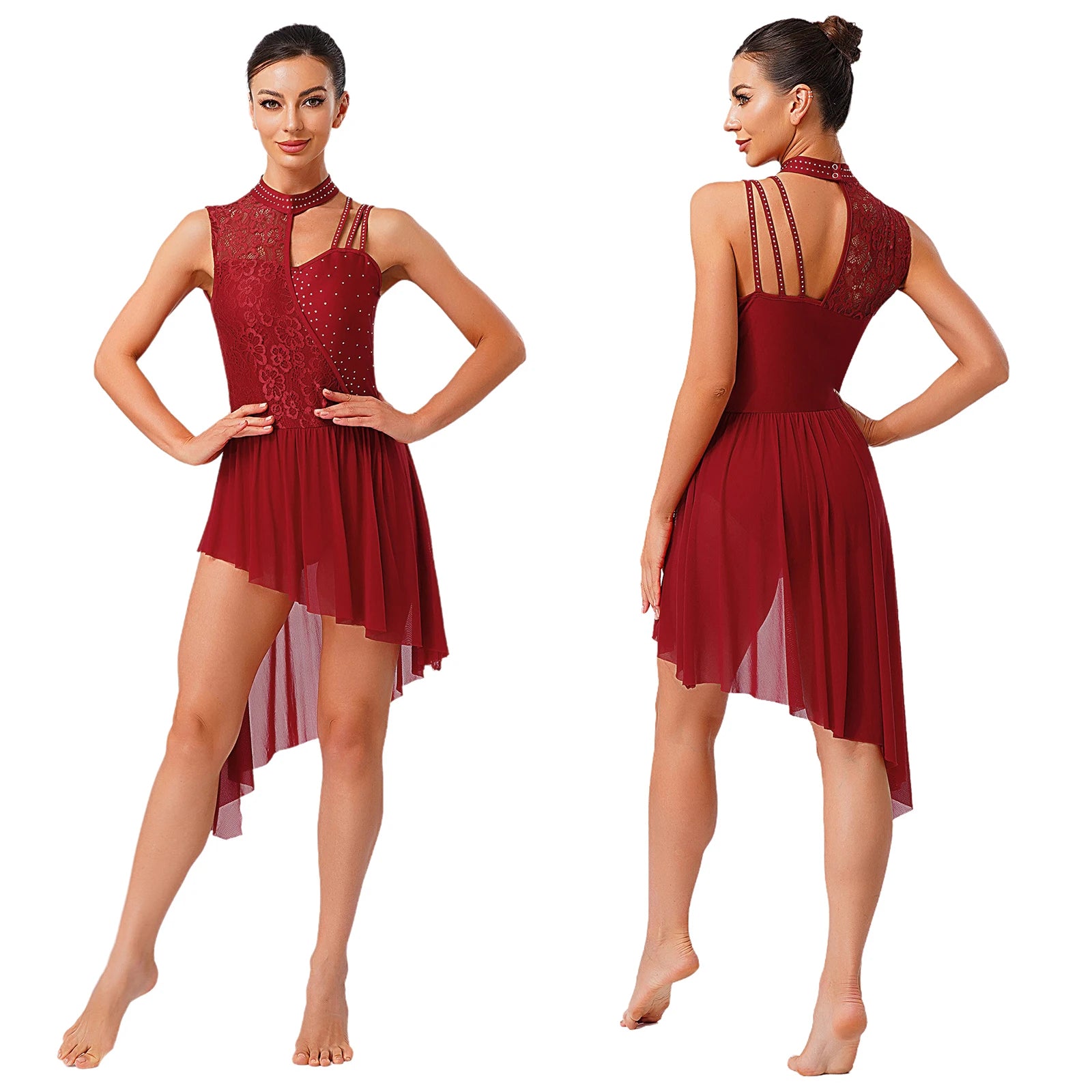 Women's Floral Lace Dance Dress with Rhinestones and Asymmetric Mesh Skirt