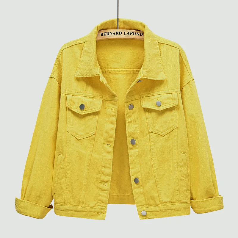 Women's Cotton-Elastane Long-Sleeve Button-Front Collared Denim Jacket with Pockets for Casual Outfits