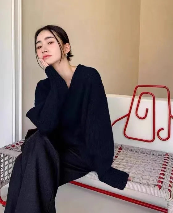 V-neck 100 pure wool sweater for women in autumn and winter, loose and thick sweater, long-sleeved knitted top