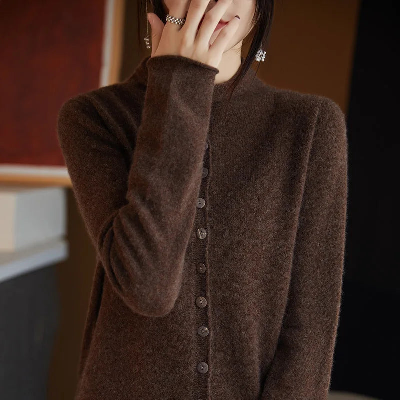 Women's Wool Solid Long-Sleeve Button-Front Knit Cardigan for Autumn Winter Layered Outfits