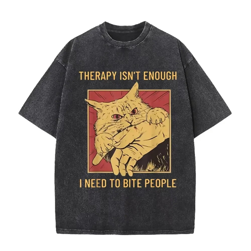 Funny Cat Bite Hand herapy Isn't Enough Print Vintage Washed Black T Shirt