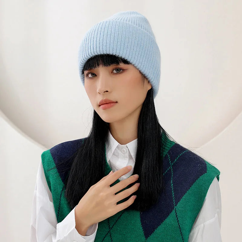 Solid Ribbed Knit Beanie with Wide Folded Cuff