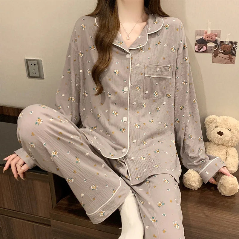 Women's Printed Button Front Long Sleeve Pajama Set with Top and Pants