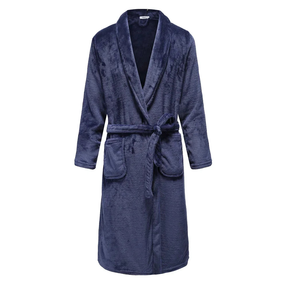 Men's Flannel Fleece Lapel Collar Tie Waist Bathrobe