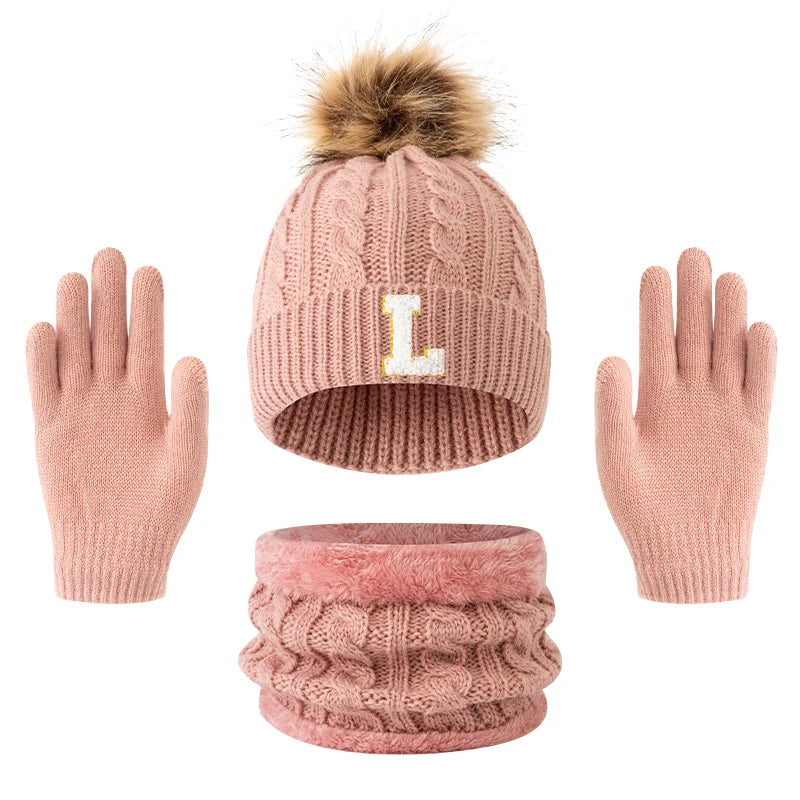 Children's Letter Knitted Hat Scarf and Gloves Set for Winter Wear