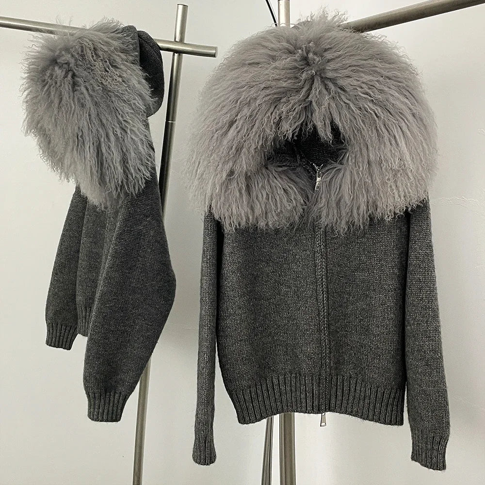 Women's Hooded Zip Front Fluffy Trim Jacket Casual Knit Layer