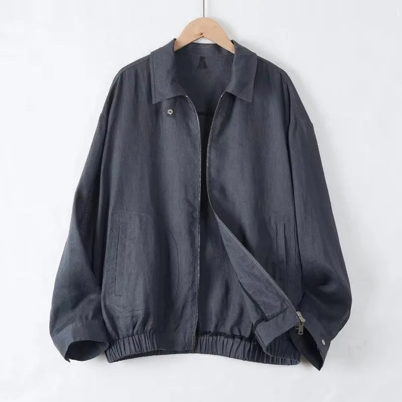 Women's Linen Long-Sleeve Loose Collared Zip-Up Jacket with Pockets for Layered Outfits