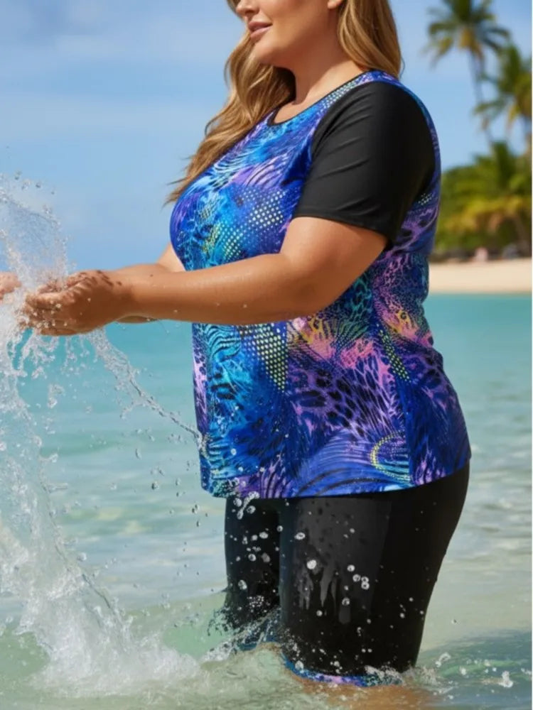 Women's Printed Short Sleeve Swim Top and Long Shorts Set
