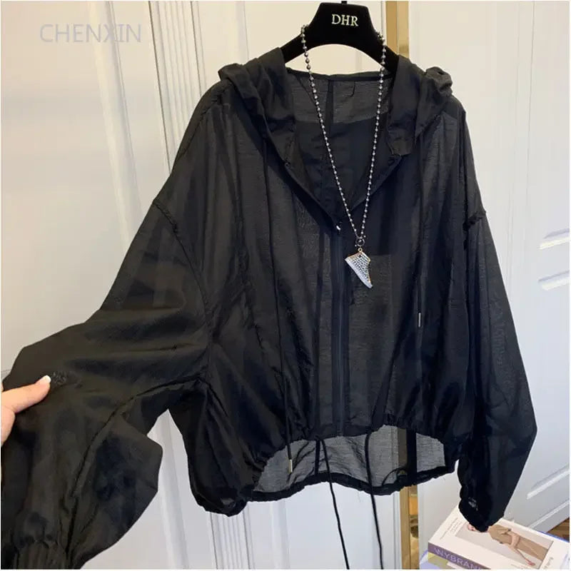Women's Cotton-Polyester Hooded Long-Sleeve Zip-Front Thin Loose Jacket for Casual Summer Outfits