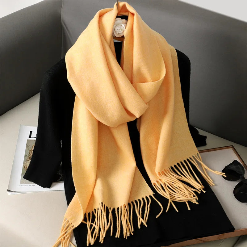 Solid Long Rectangular Scarf with Decorative Fringe Trim