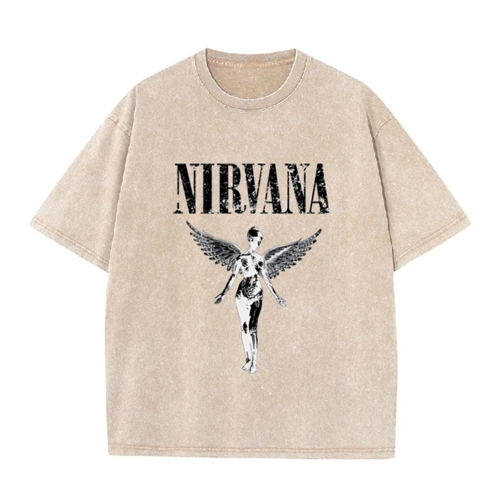 Vintage Distressed Washed Tee Nirvana Grunge Rock Silver Angel Skeleton Print Loose Fit Short Sleeve T Shirts