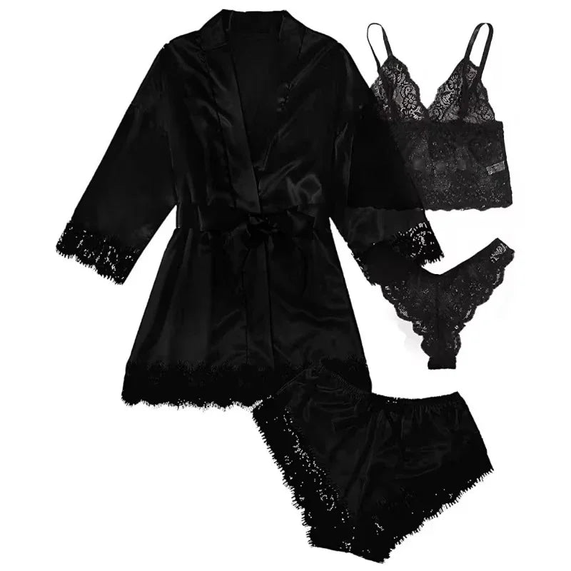 Women's Lace Trim Four Piece Pajama Set with Robe and Shorts