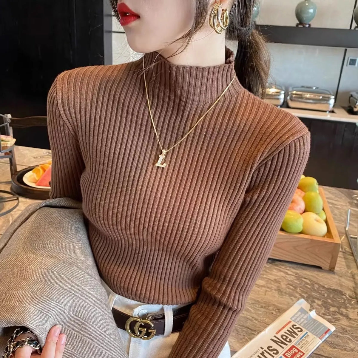 Women's Ribbed Mock Neck Flare Cuff Sweater Casual Knit Layer