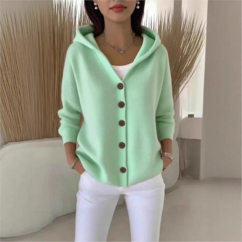 Women's Hooded Button Front Cardigan Casual Knit Layer