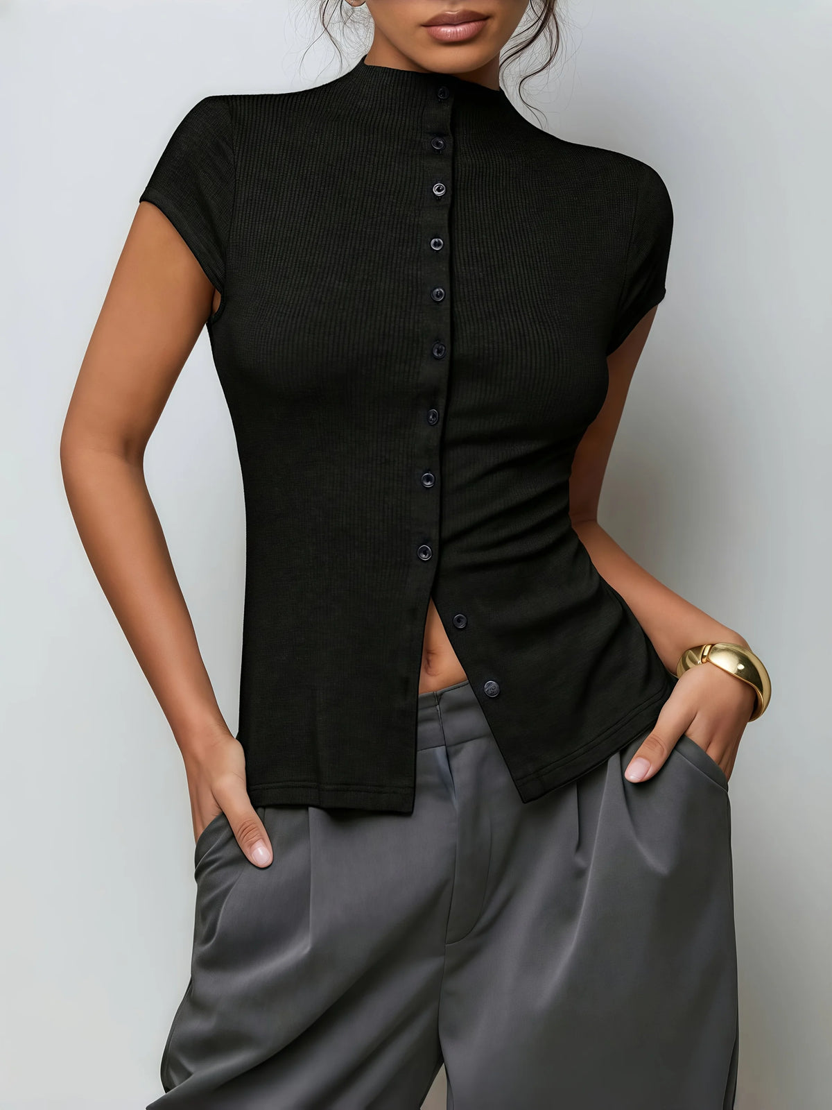 Women's Short Sleeve High Collar Button Front Cardigan