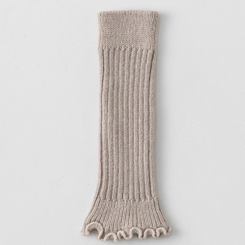 Solid Ribbed Calf Leg Warmers with Ruffled Edge Trim