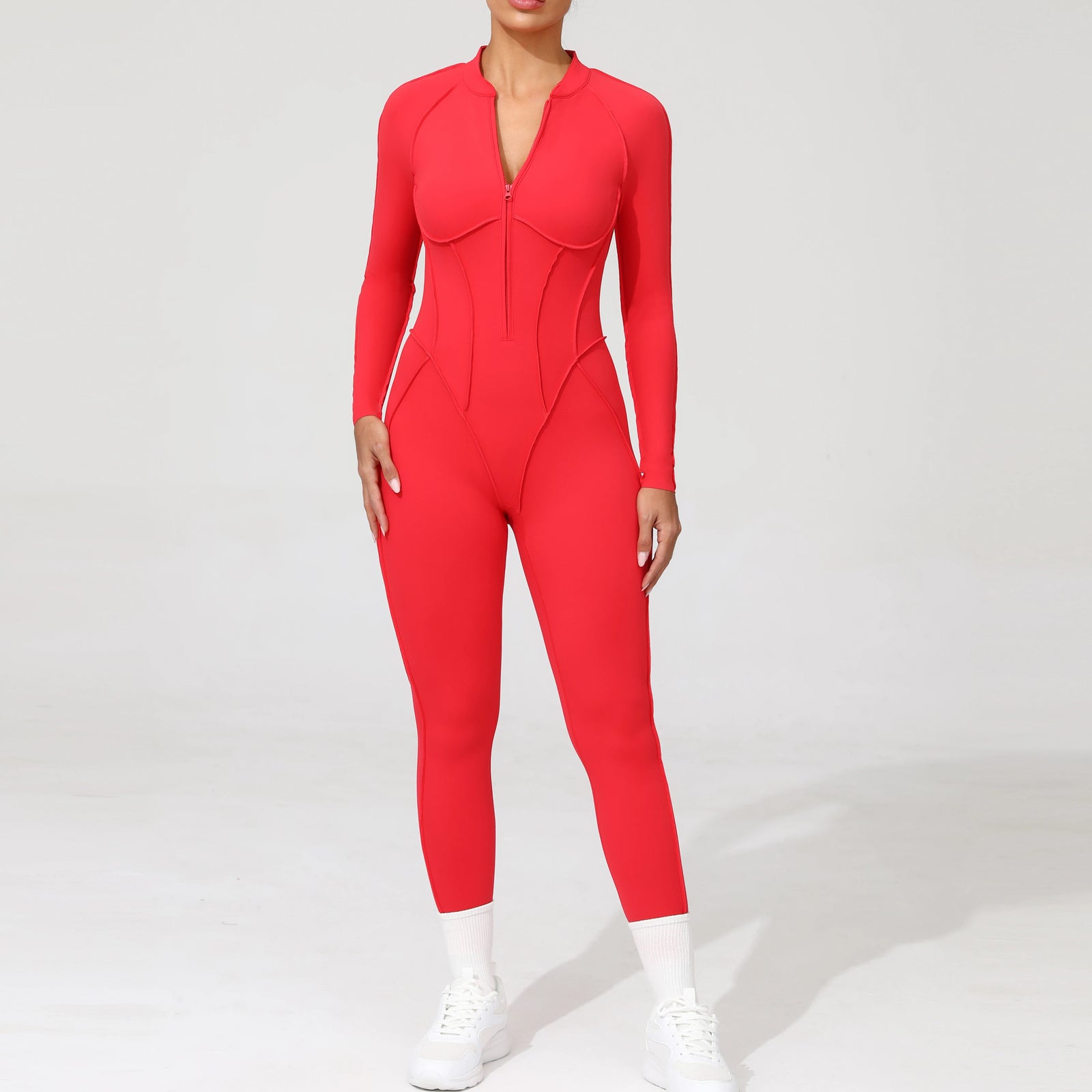 Women's Long Sleeve Zip Front Back Cutout Workout Jumpsuit