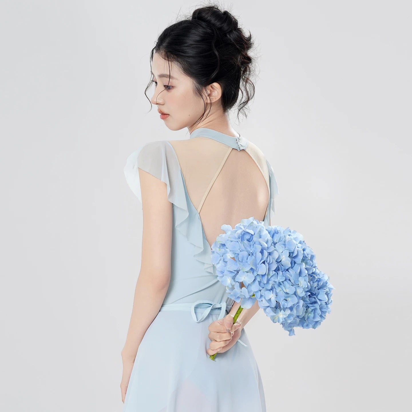 Women's Short Sleeve Ballet Leotard with Ruffled Mesh and Open Back