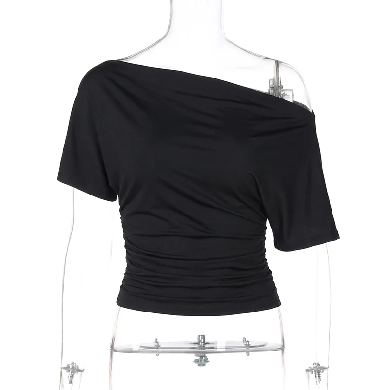 Women's Polyester-Elastane Solid One-Shoulder Short-Sleeve Crop Top for Casual Summer Everyday Outfits