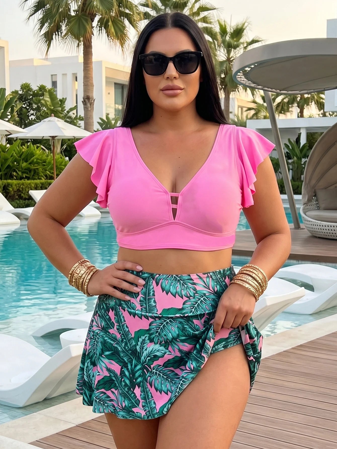 Women's Flutter Sleeve Crop Top and Printed Skirted Bikini Set
