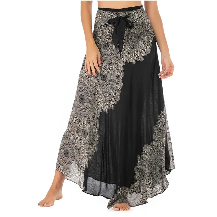 Women's Printed Nylon Harem Pants with Smocked Waist and Convertible Styling