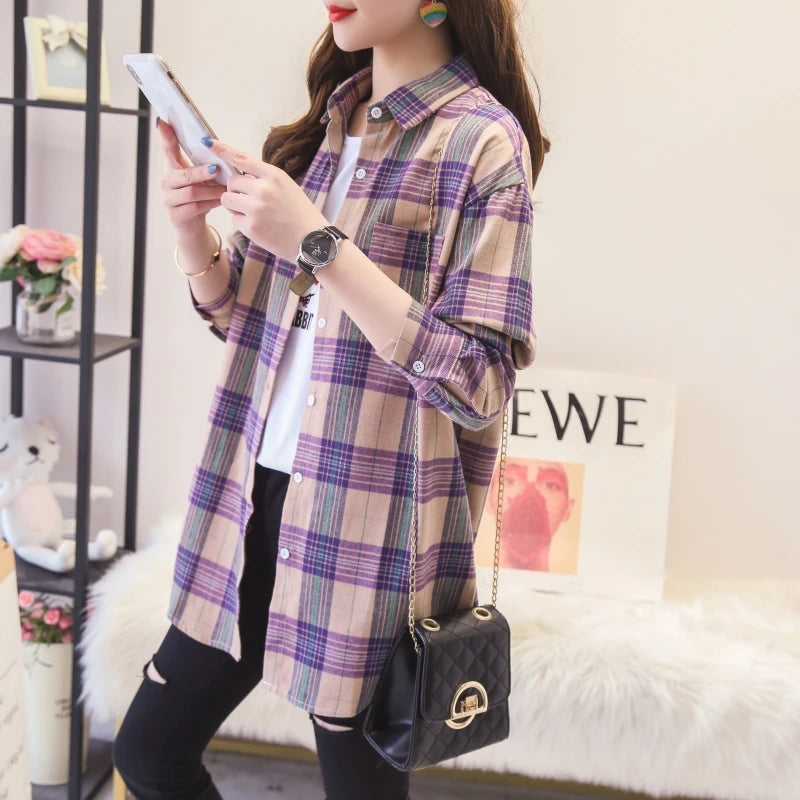 Women's Checked Collared Long Sleeve Shirt