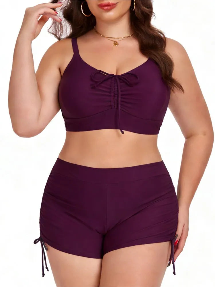 Women's Ruched Crop Top and Side Tie Shorts Bikini Set