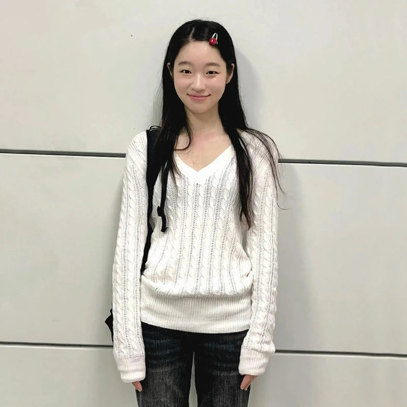 Women's V Neck Ribbed Long Sleeve Sweater Casual Knit Layer