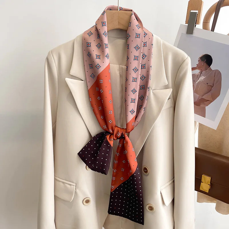 Printed Long Narrow Scarf with Decorative Ribbon Shape