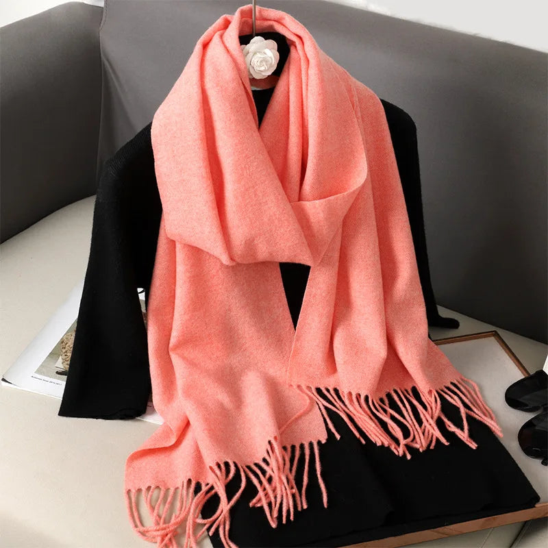 Solid Long Rectangular Scarf with Decorative Fringe Trim