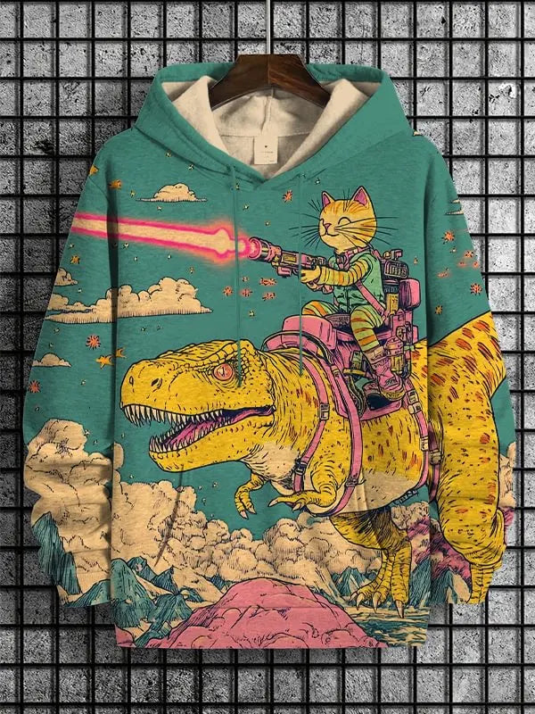 Cat Dinosaur and UFO Graphic Long-Sleeve Pullover Hoodie