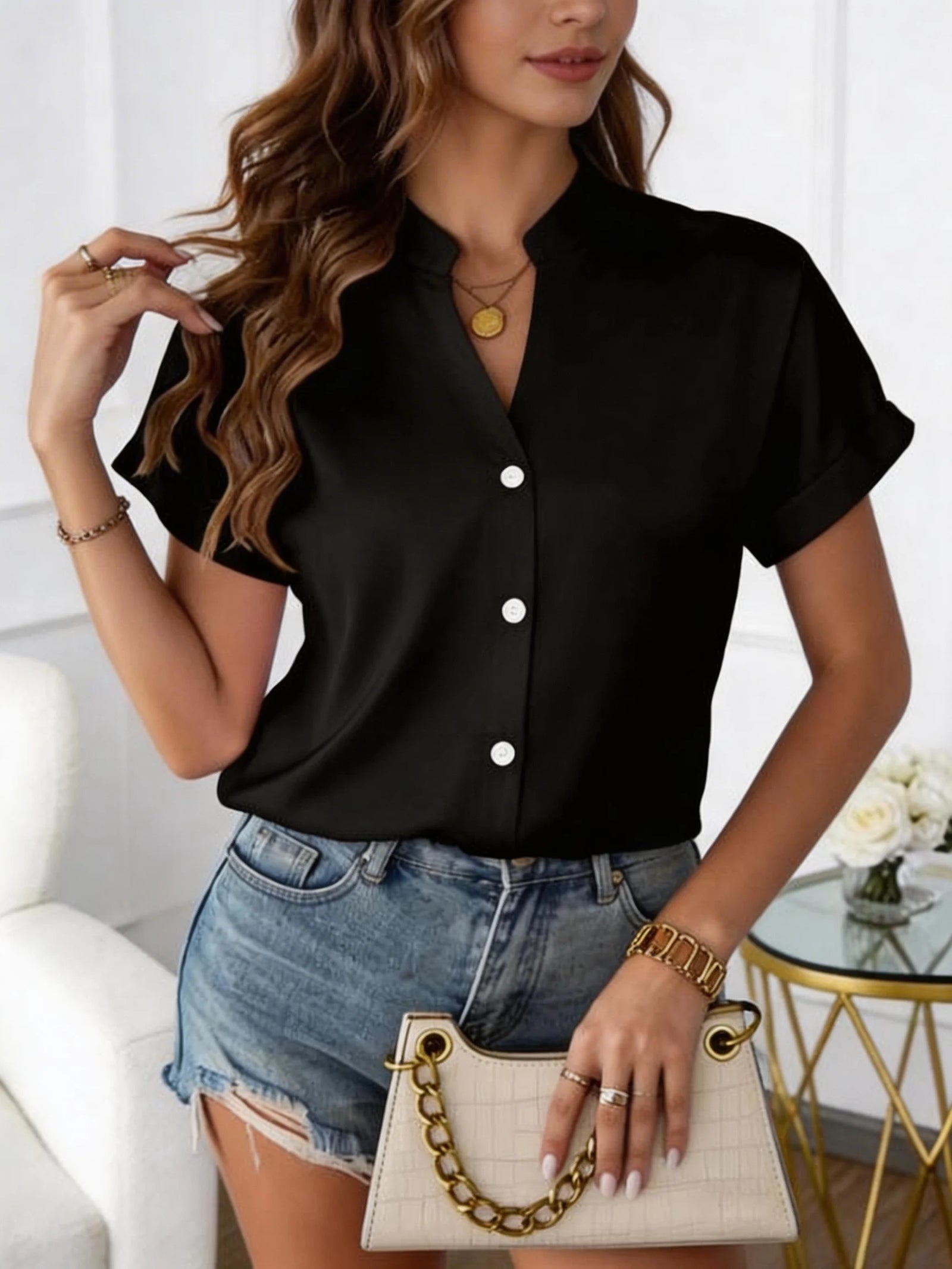 Women's V Neck Short Sleeve Button Front Blouse