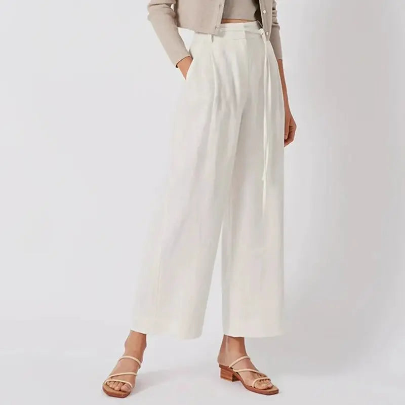 Women's Linen High-Waist Wide-Leg Pants with Tie Detail for Casual Everyday Outfits