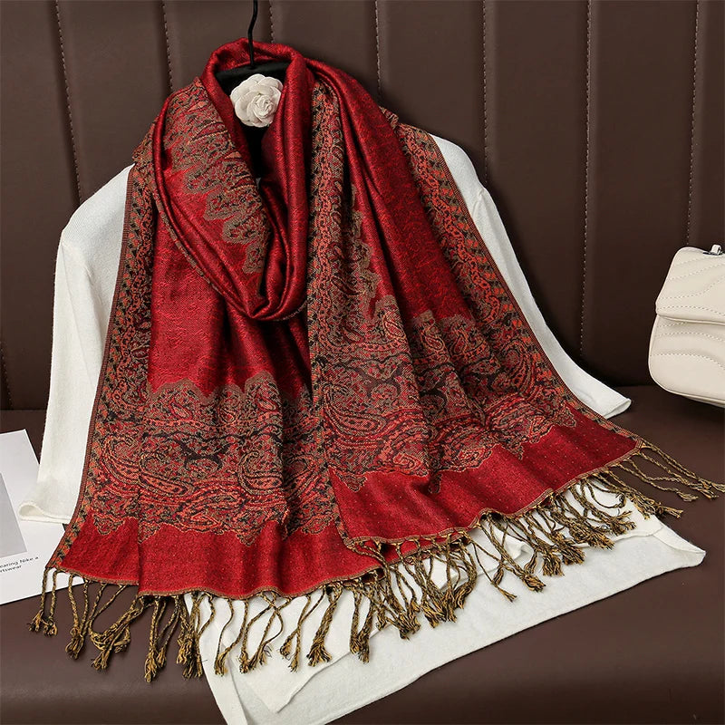 Paisley Floral Print Long Scarf with Fringed Ends