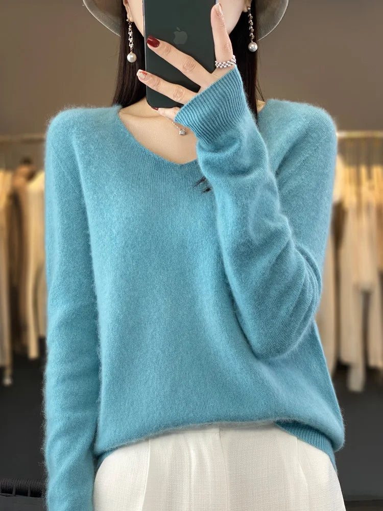 Women's V Neck Long Sleeve Sweater Casual Knit Layer