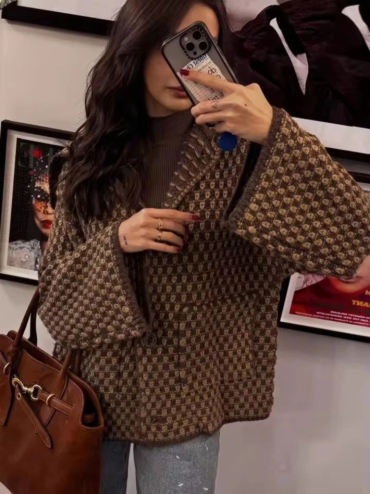 Women's Checked Button Front Shoulder Cape Cape Casual Knit Layer