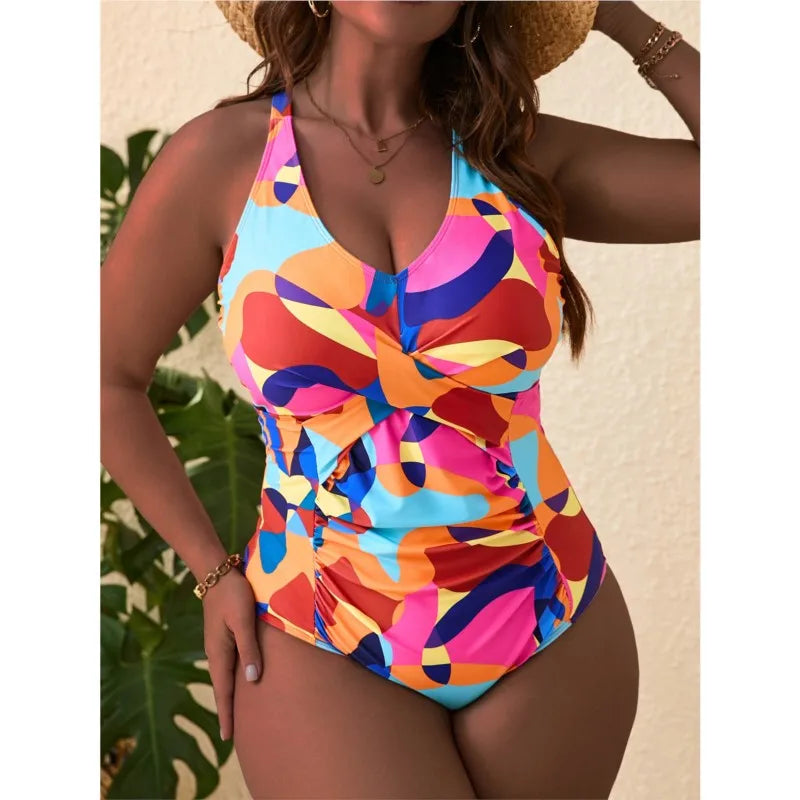Women's Colourful Print Twist Front Cross Back One Piece Swimsuit