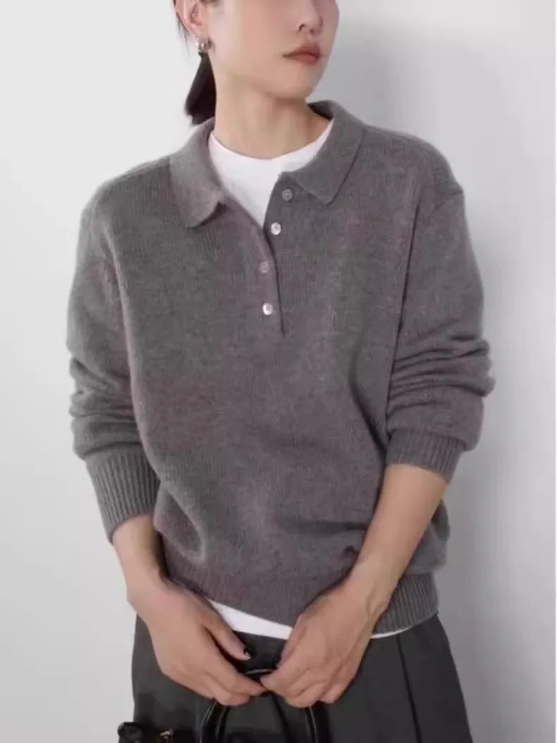Elegant POLO semi-open neck 100%wool knitted sweater women loose long-sleeved base sweater autumn and winter