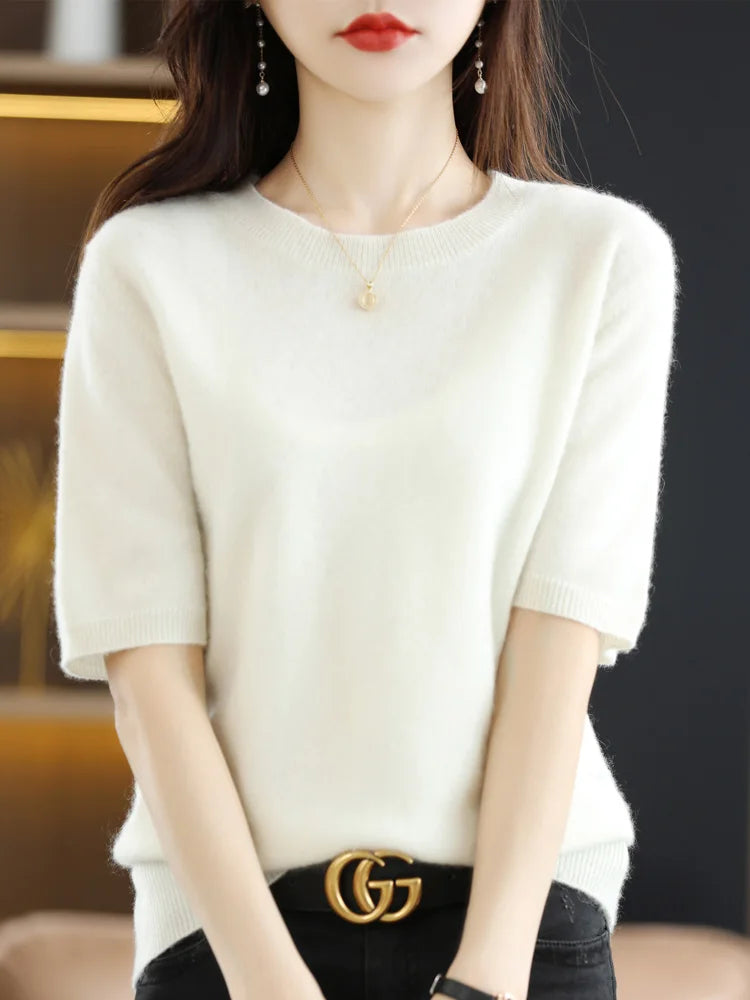 Women's Crew Neck Short Sleeve Sweater Casual Knit Layer