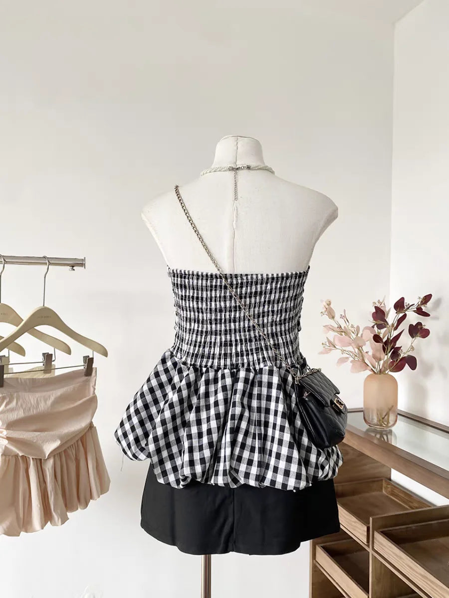 Women's Ruched Strapless Peplum Crop Top with a Gathered Waist