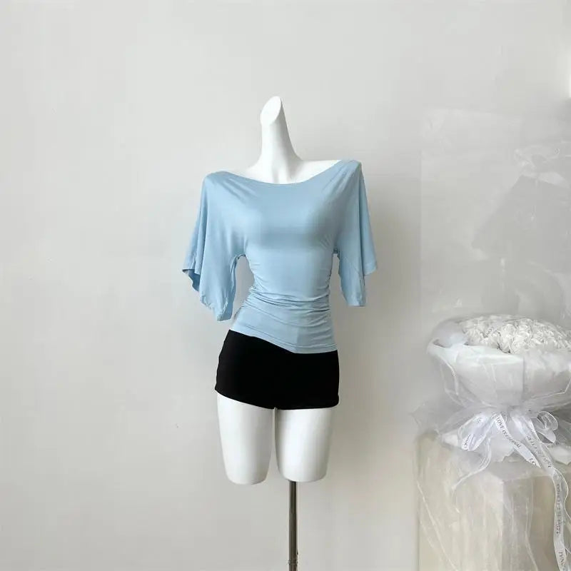 Women's Solid Polyester Slash Neck Blouse with Flared Sleeves and a Fitted Shape