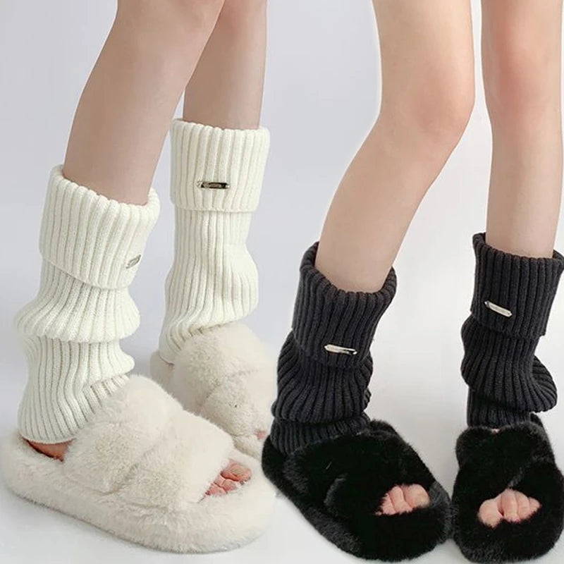 Solid Ribbed Leg Warmers with Small Metal Label Details